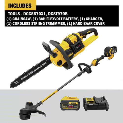 Dewalt DCCS670X1-DCST970B 60V MAX FLEXVOLT Brushless Lithium-Ion 16 in. Cordless Chainsaw and String Trimmer Bundle (3 Ah)
