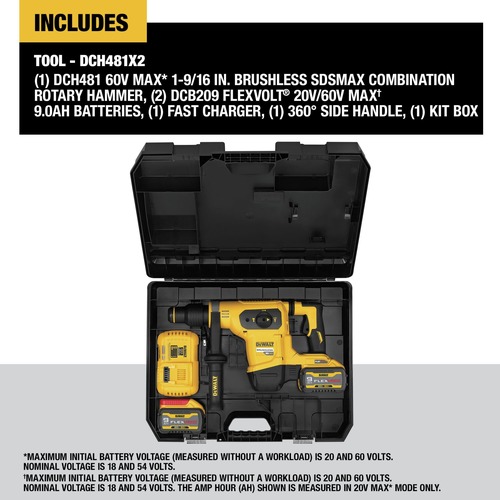 Dewalt 60V MAX Brushless Lithium-Ion Cordless 1-9/16 in. SDS MAX Combination Rotary Hammer Kit (9 Ah) - DCH481X2