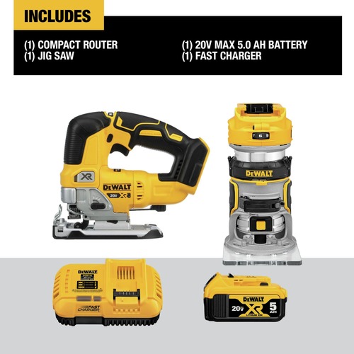 Dewalt 20V MAX XR Brushless Lithium-Ion Cordless Jig Saw and Compact Router Woodworking Combo Kit (5 Ah) - DCK201P1