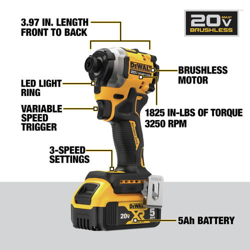 Dewalt DCF850P1 ATOMIC 20V MAX Brushless Lithium-Ion 1/4 in. Cordless 3-Speed Impact Driver Kit (5 Ah)