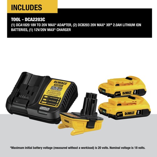 Dewalt 20V MAX Lithium-Ion Battery/Charger/Adapter Kit for 18V Cordless Tools with 2 Batteries (2 Ah) - DCA2203C