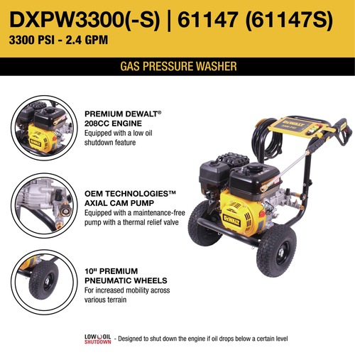 Dewalt DXPW3300S 3300 PSI 2.4 GPM Gas Cold Water Pressure Washer