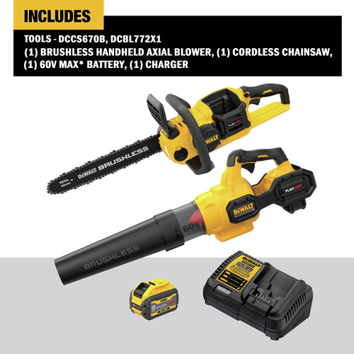 Dewalt DCBL772X1-DCCS670B 60V MAX FLEXVOLT Brushless Lithium-Ion Cordless Handheld Axial Blower and 16 in. Chainsaw Bundle (3 Ah)