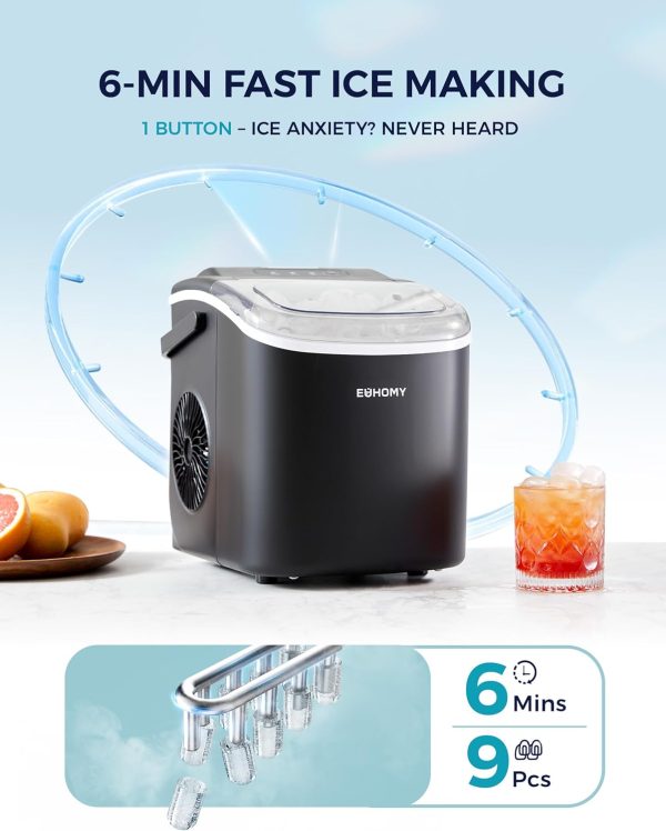 EUHOMY Countertop Ice Maker Machine with Handle, 26lbs in 24Hrs, 9 Ice Cubes Ready in 6 Mins, Auto-Cleaning Portable Ice Maker with Basket and Scoop, for Home/Kitchen/Camping/RV. (Black) - Image 2