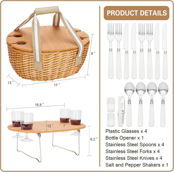 STBoo Picnic Basket for 4, Insulated Wicker Hamper with Folding Table, Willow Picnic Baskets Set with Large Insulated Cooler Bag for Camping Outdoor (Stripe) - Image 3