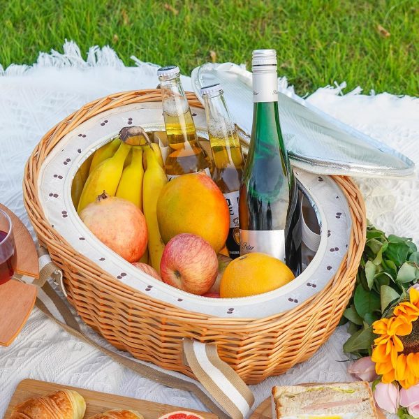 STBoo Picnic Basket for 4, Insulated Wicker Hamper with Folding Table, Willow Picnic Baskets Set with Large Insulated Cooler Bag for Camping Outdoor (Stripe) - Image 8