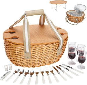 STBoo Picnic Basket for 4, Insulated Wicker Hamper with Folding Table, Willow Picnic Baskets Set with Large Insulated Cooler Bag for Camping Outdoor (Stripe)
