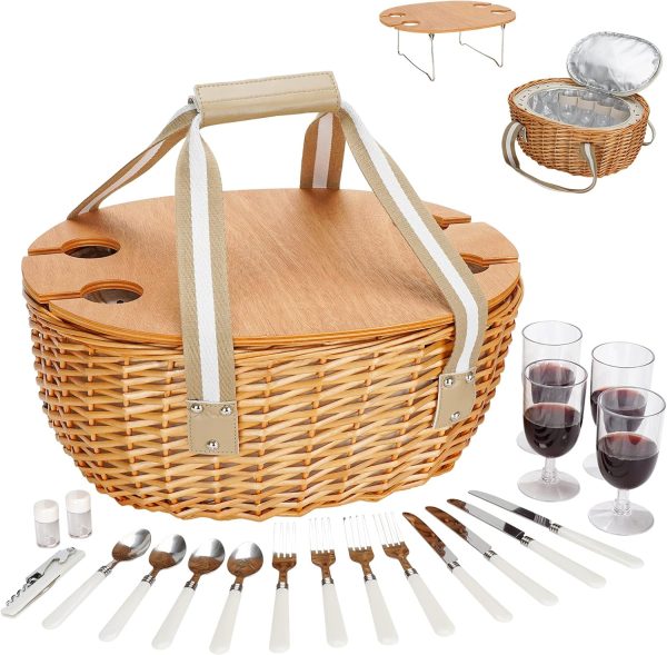 STBoo Picnic Basket for 4, Insulated Wicker Hamper with Folding Table, Willow Picnic Baskets Set with Large Insulated Cooler Bag for Camping Outdoor (Stripe)