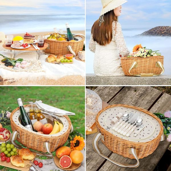 STBoo Picnic Basket for 4, Insulated Wicker Hamper with Folding Table, Willow Picnic Baskets Set with Large Insulated Cooler Bag for Camping Outdoor (Stripe) - Image 7