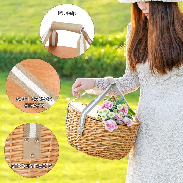 STBoo Picnic Basket for 4, Insulated Wicker Hamper with Folding Table, Willow Picnic Baskets Set with Large Insulated Cooler Bag for Camping Outdoor (Stripe) - Image 5
