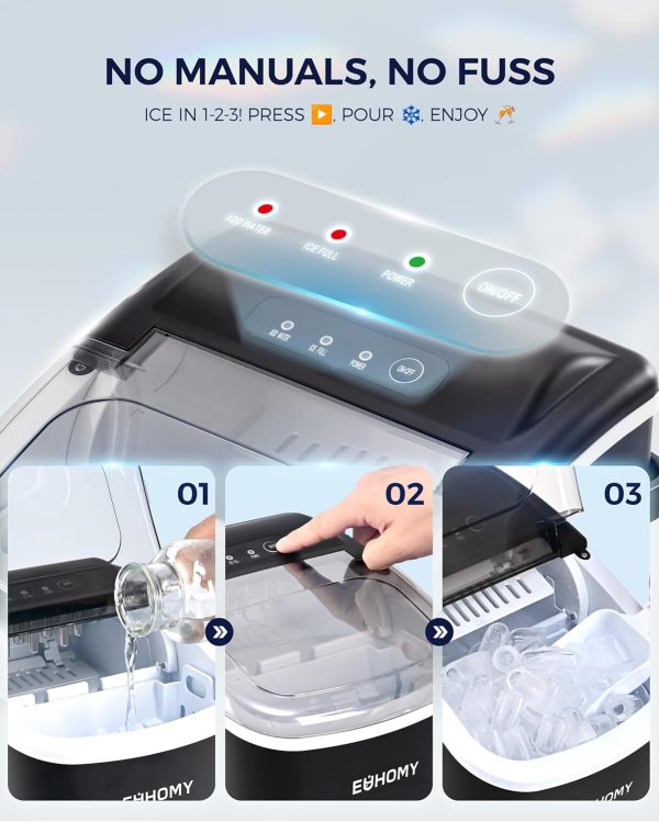 EUHOMY Countertop Ice Maker Machine with Handle, 26lbs in 24Hrs, 9 Ice Cubes Ready in 6 Mins, Auto-Cleaning Portable Ice Maker with Basket and Scoop, for Home/Kitchen/Camping/RV. (Black) - Image 6