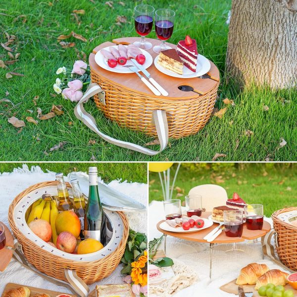 STBoo Picnic Basket for 4, Insulated Wicker Hamper with Folding Table, Willow Picnic Baskets Set with Large Insulated Cooler Bag for Camping Outdoor (Stripe) - Image 2